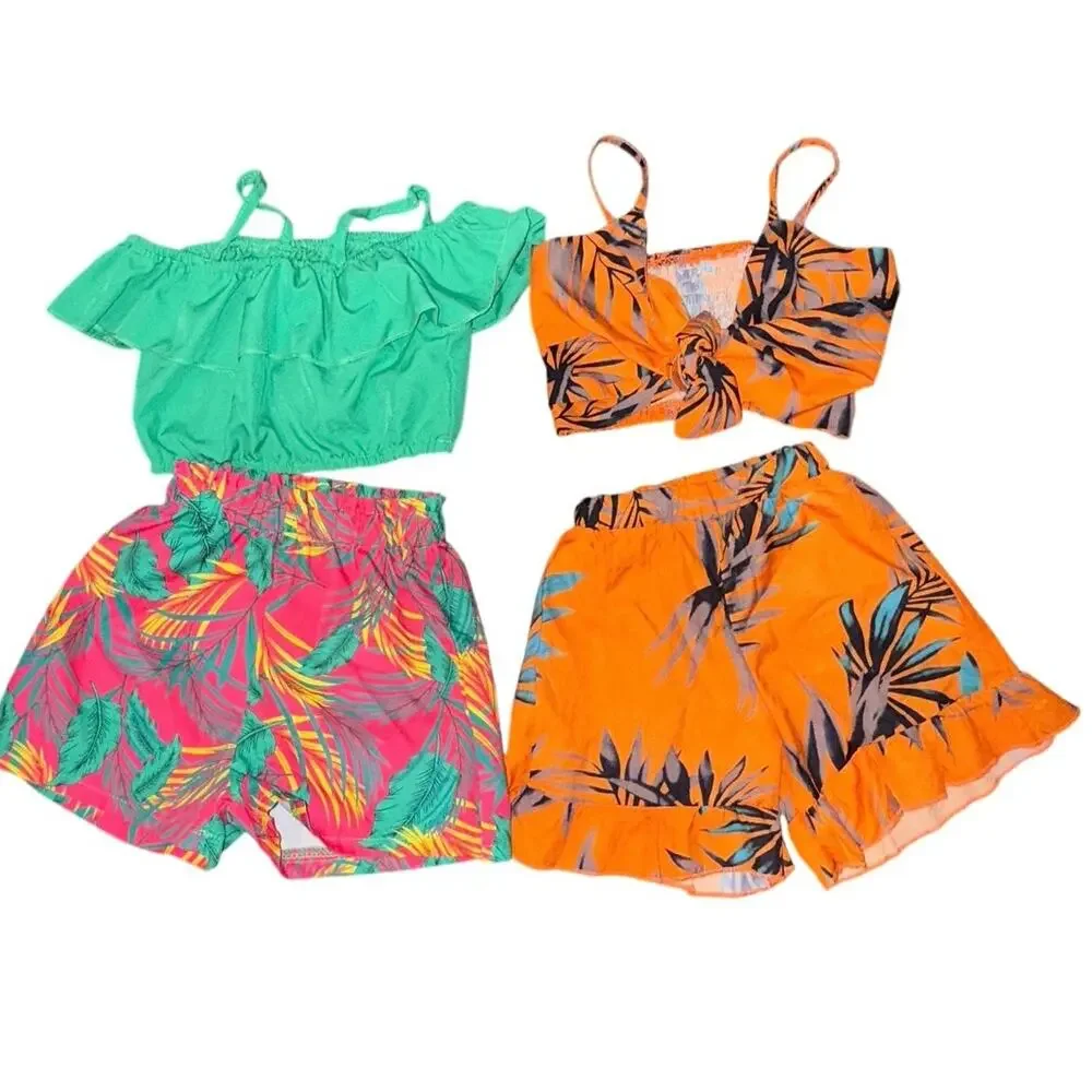 2 Tropical Summer Outfit Sets 12-24M Off Shoulder Crop Top Shorts Bundle